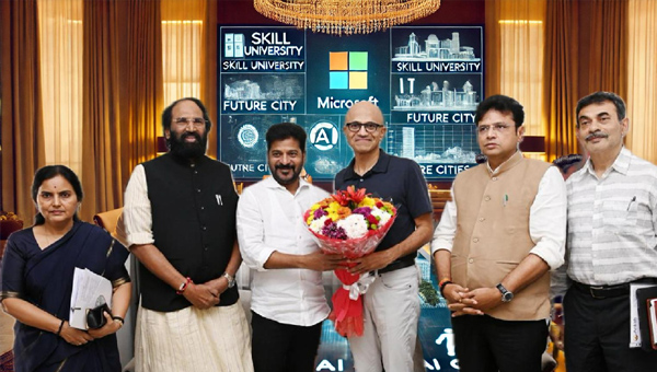 Telangana CM & IT Minister Hold Talks with Microsoft CEO Satya Nadella in Hyderabad, INDIA