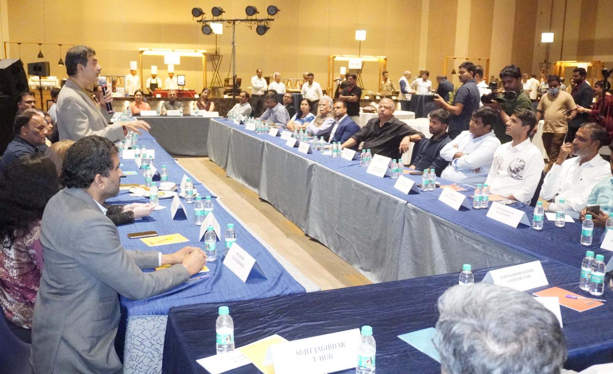 Seen Jayesh Ranjan speaking at the Hyderabad Entrepreneurial Ecosystem Collective organised by TiE. Also seen is Ms Jennifer Larson_ the Consul General in Hyderabad-pic 2