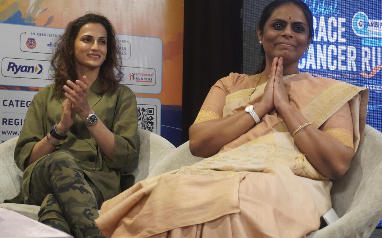 SHILPA REDDY AND DR ALAGU VARSINI AT THE LAUNCH OF GRACE CANCER RUN 2025 FLYER LAUNCH