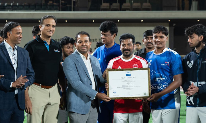 CM Revanth Reddy Leads a Thrilling Friendly Football Match at Woxsen University Cm Revanth Reddy Leads A Thrilling Friendly Football Match At Woxsen University
