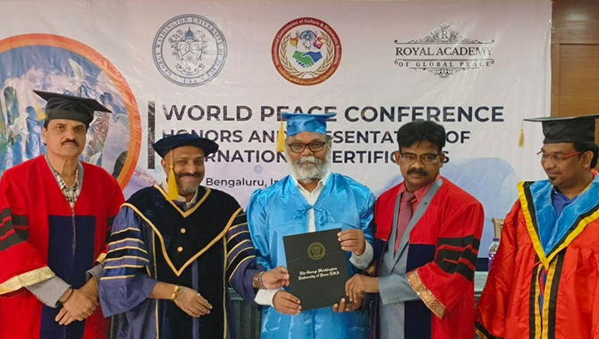 Filmmaker VN Aditya receives honorary doctorate from George Washington University of Peace, America