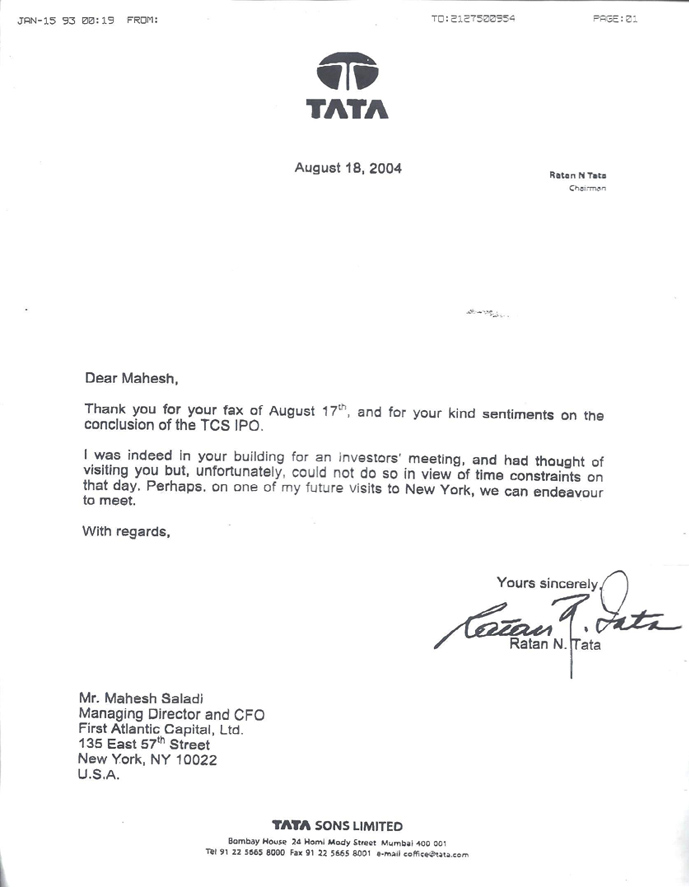 TATA Letter to Mahesh Saladi