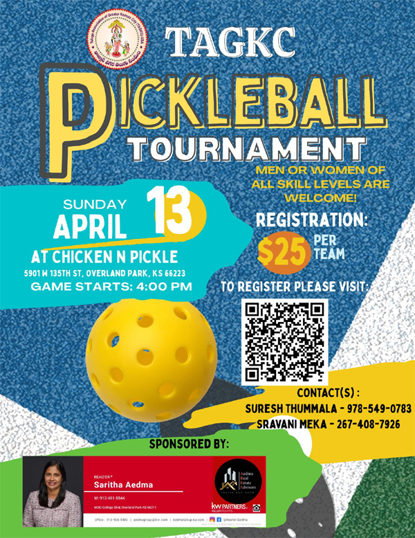 TAGKC Pickle Ball Tournament – April 13th, 2025, 4-7 PM