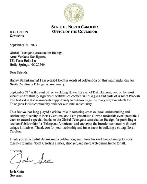 North Carolina Governor Josh Stein Recognizes Bathukamma Festival