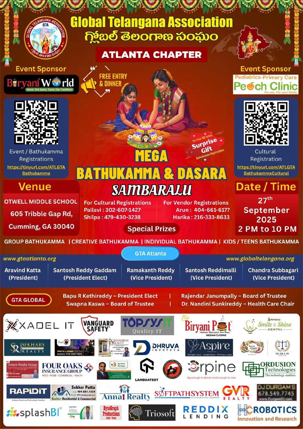 Gta Atlanta Chapter Mega Bathukamma Dasara Sambaralu On Sept 27