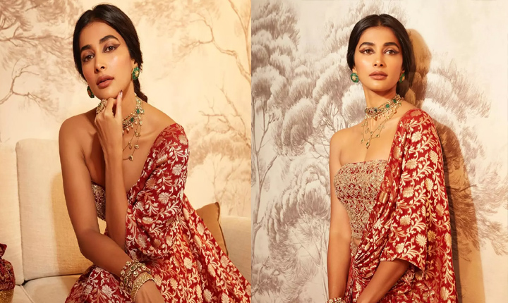 Pooja Hegde Hot Look In Red Saree
