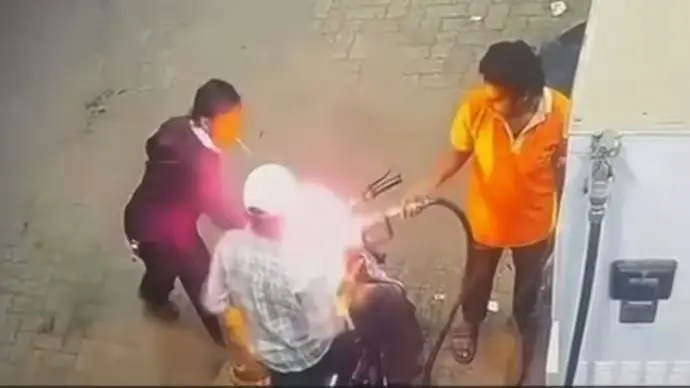 Fuel Tank Set On Fire For Not Smoking At Petrol Station 