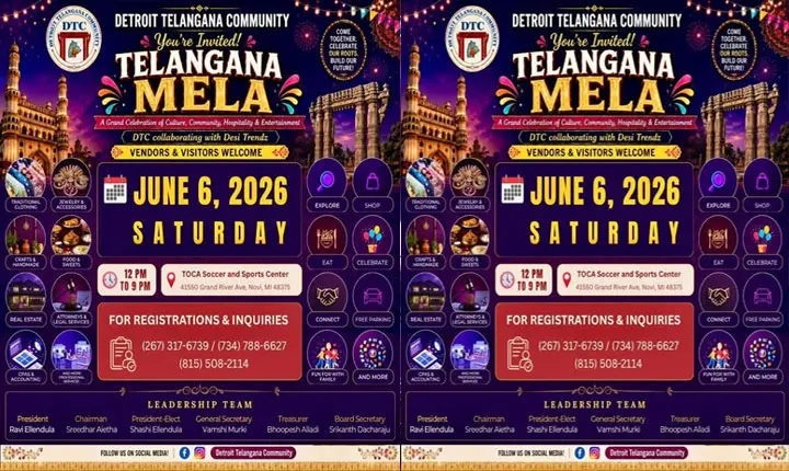 Detroit Telangana Community To Host Grand Telangana Mela 2026 In Michigan On June 6th