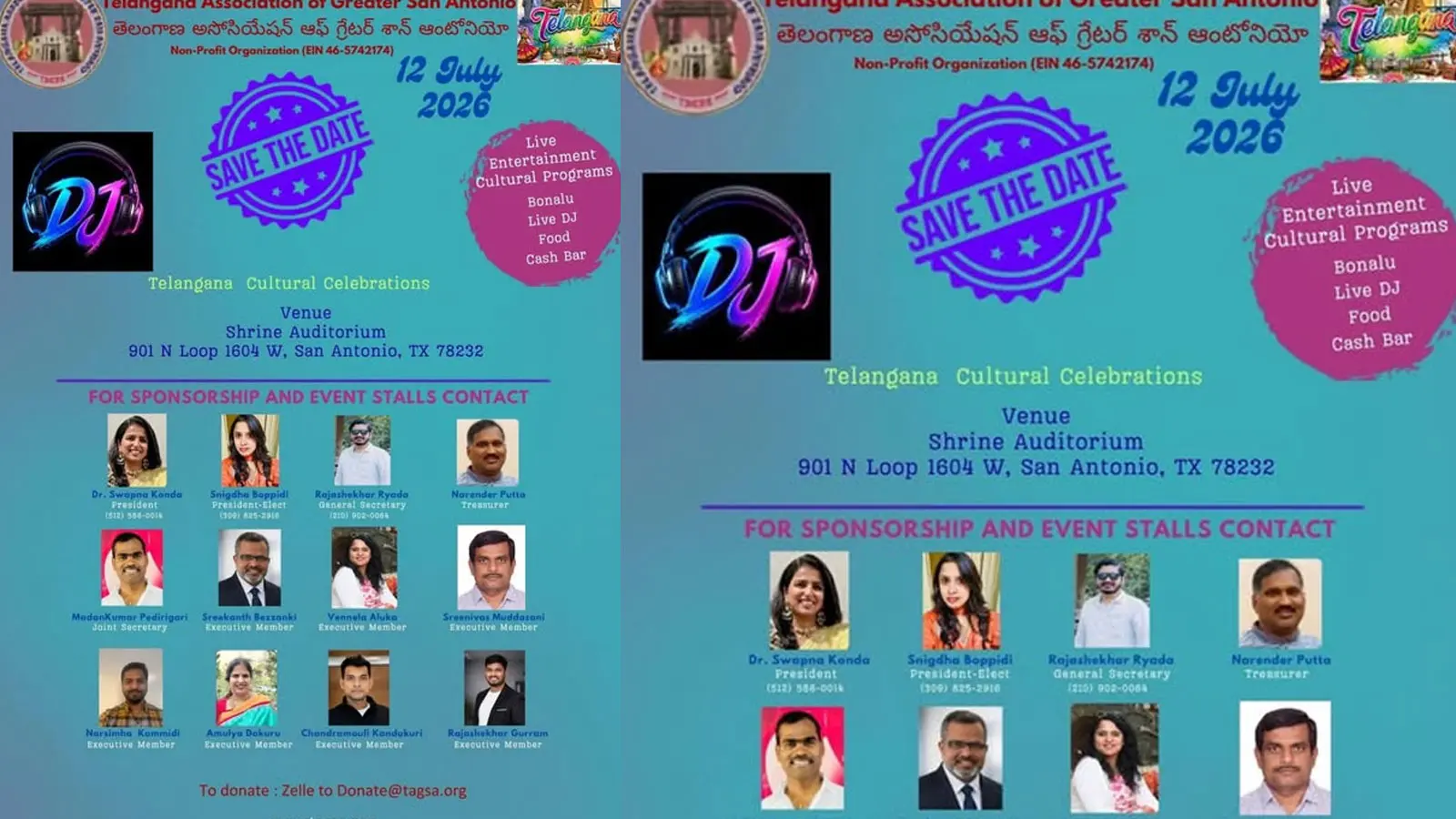 జులై 12న శాన్ ఆంటోనియోలో ‘టాగ్సా’ తెలంగాణ సాంస్కృతిక వేడుకలు Tagsa To Host Telangana Cultural Celebrations 2026 In San Antonio On July 12