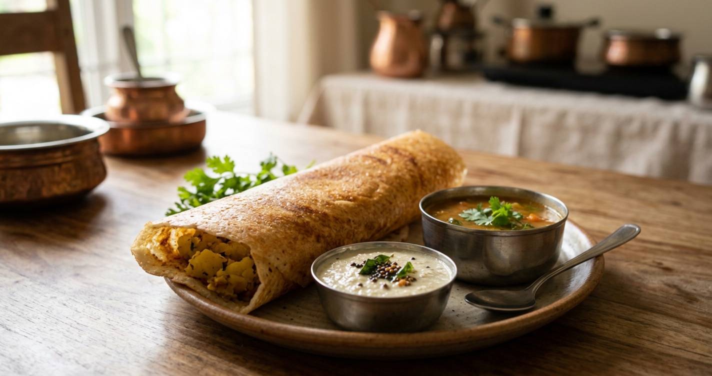 Aloo Masala Dosa tastes even better with coconut chutney and sambar
