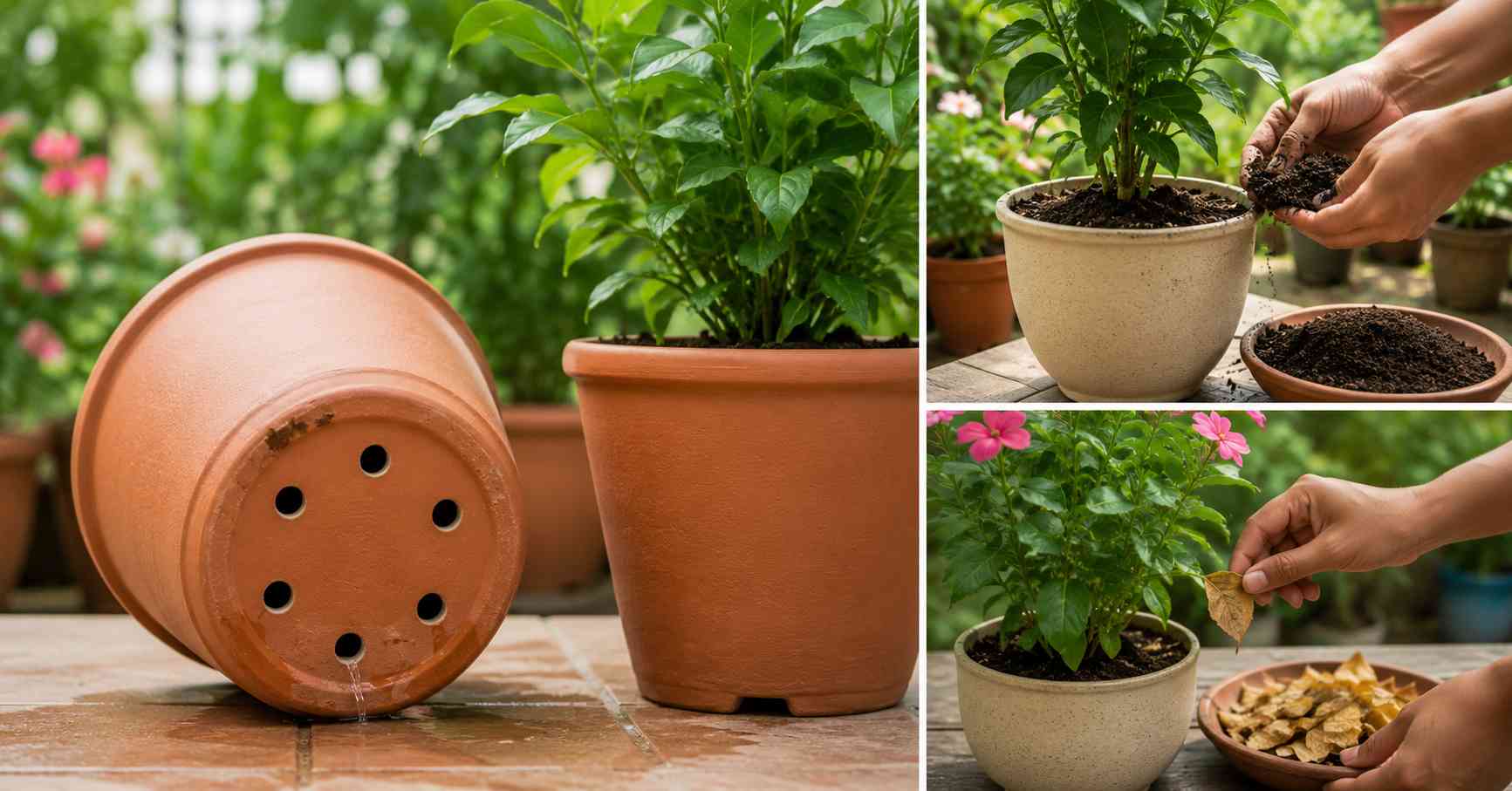 Pots should have drainage holes to prevent water from stagnating