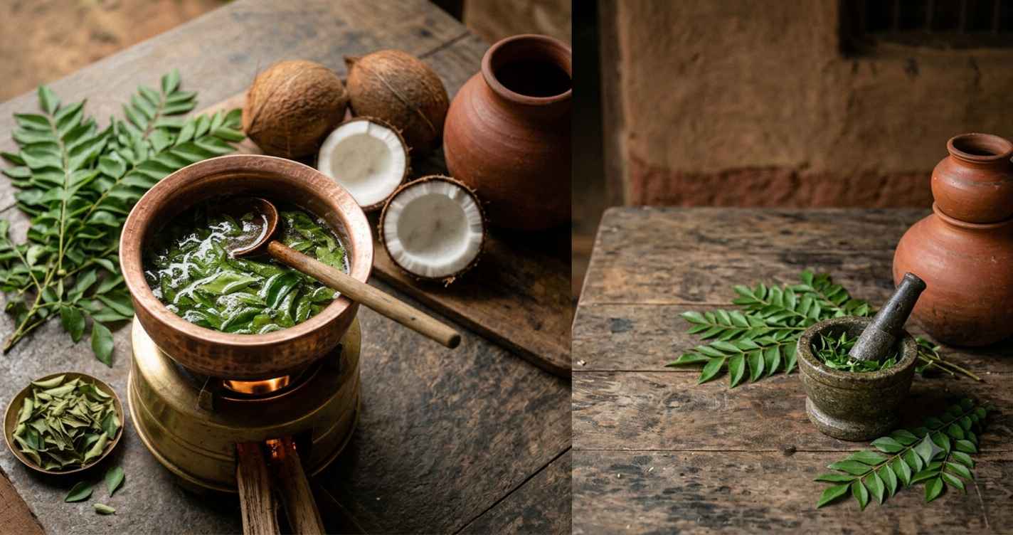 Using coconut oil mixed with curry leaves nourishes the hair