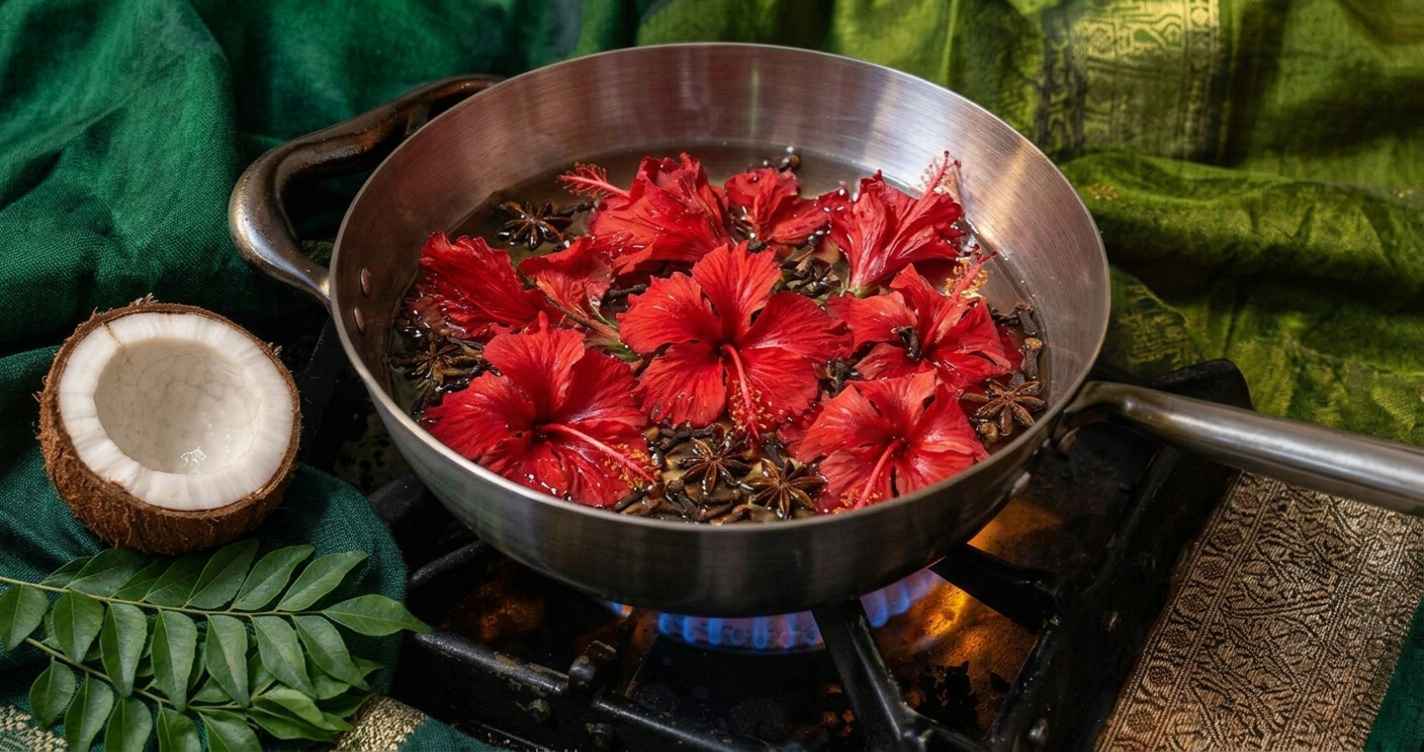 Using hibiscus flowers with coconut oil makes the hair soft