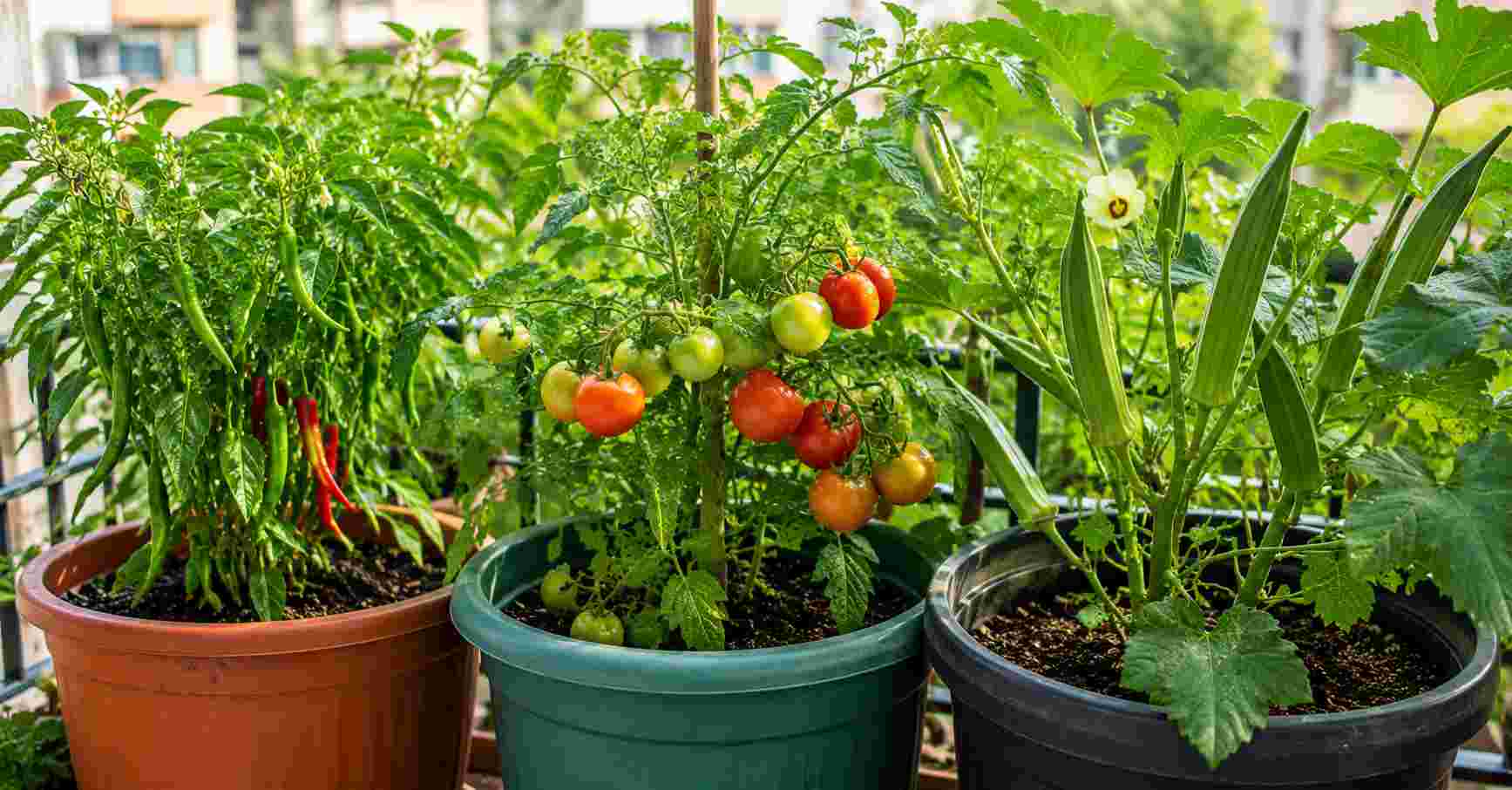 green chillies, tomatoes, and okra grow well in pots