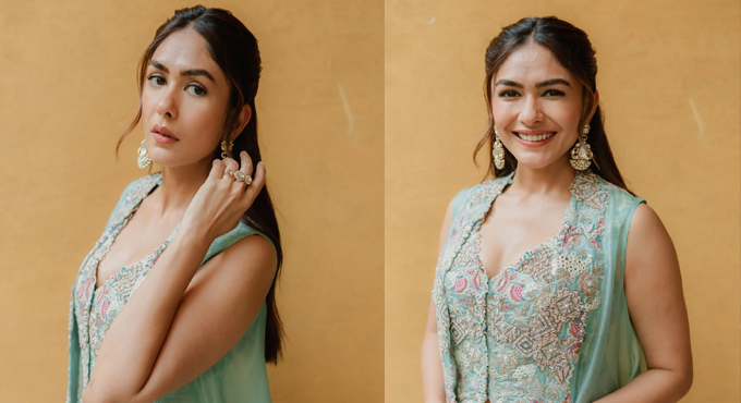 Mrunal Thakur Shines Sea Blue Colour Dress