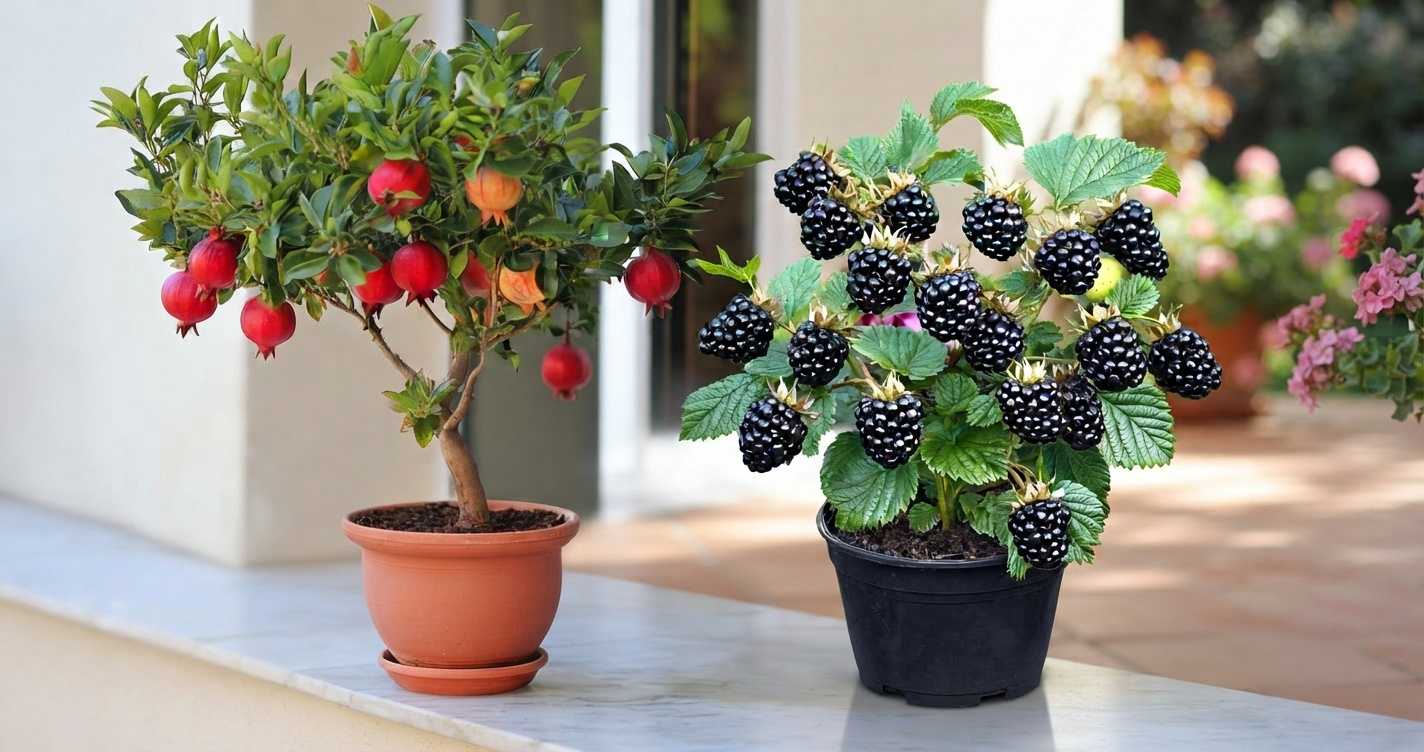 Dwarf pomegranate and blackberry are good choices