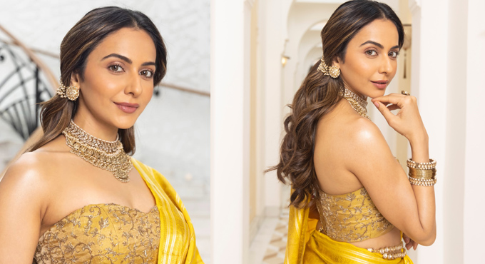 Rakul dazzles in a yellow saree.