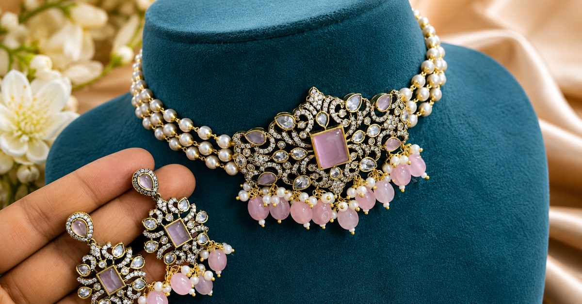 Pearl strand choker with soft pink stones