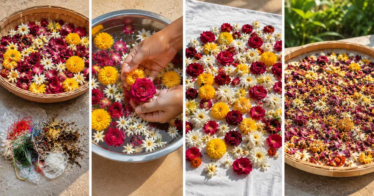 The process of cleaning and drying flowers used for worship