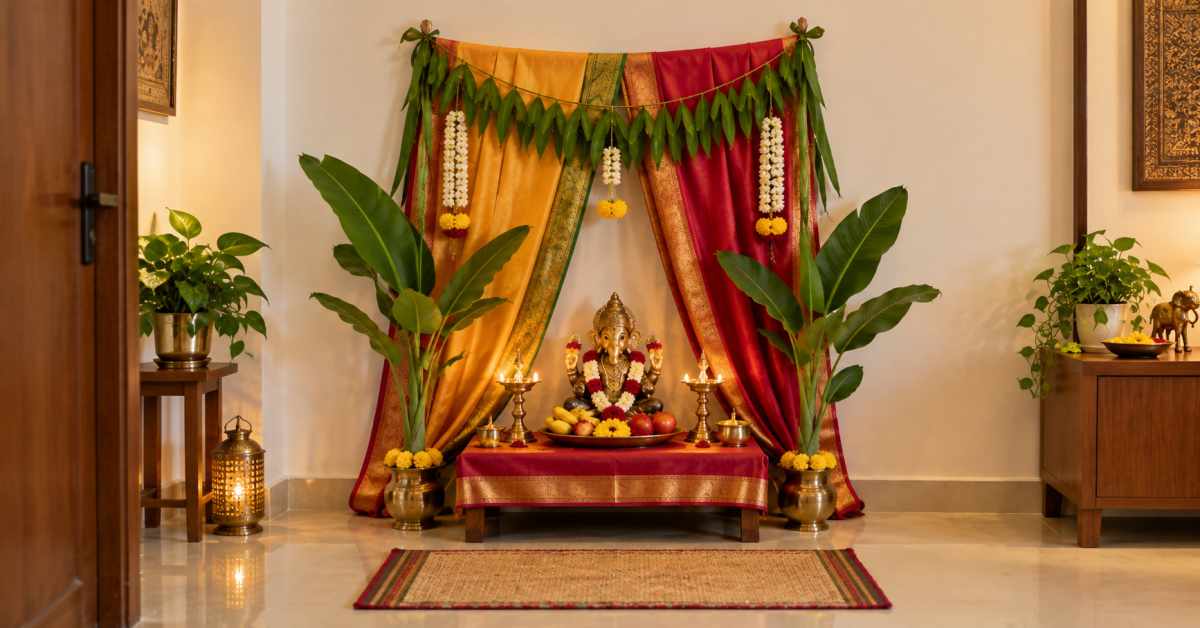 A natural, royal look for the mandapam, featuring silk sarees and foliage.