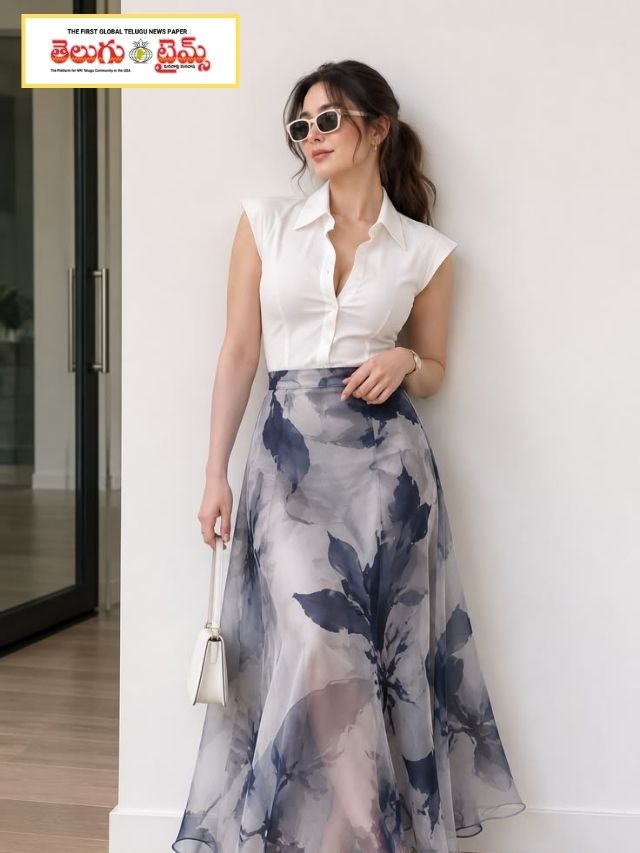ఆఫీస్ లుక్‌కి కొత్త స్టైల్.. వైట్ టాప్‌తో బ్లూ ఫ్లోరల్ స్కర్ట్ అదుర్స్!