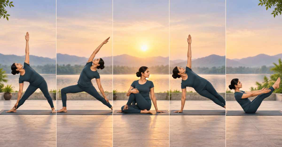 Trikonasana, Parshvakonasana, Ardha Matsyendrasana, Vashishthasana, Navasana.