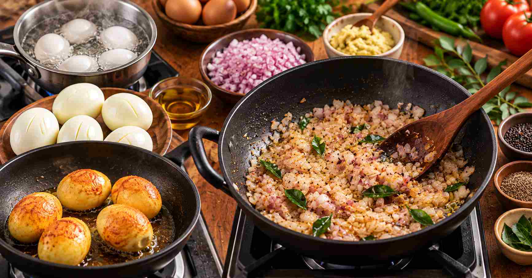Boiled Eggs and Masala Preparation