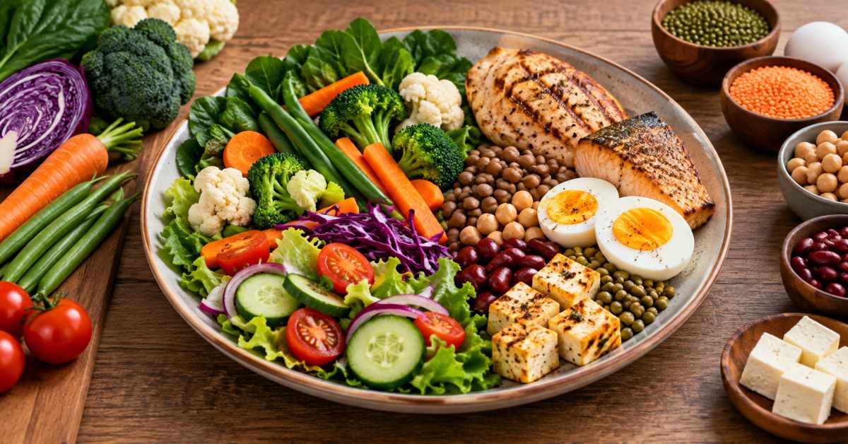Emphasis on vegetables and protein.