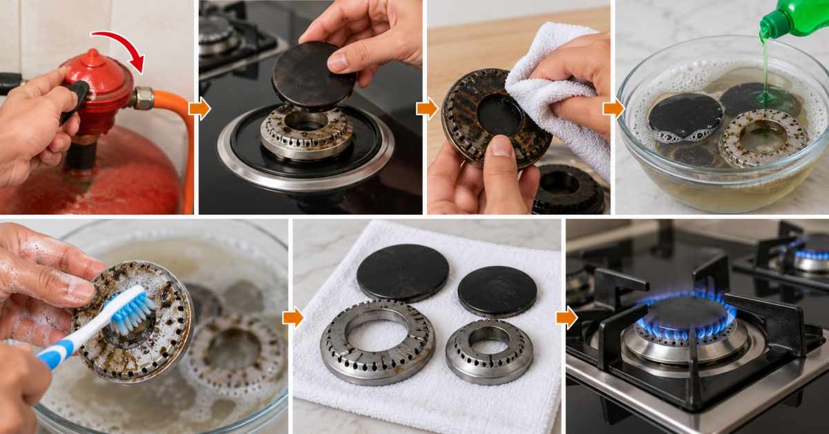 First, safely remove the burners and soak them