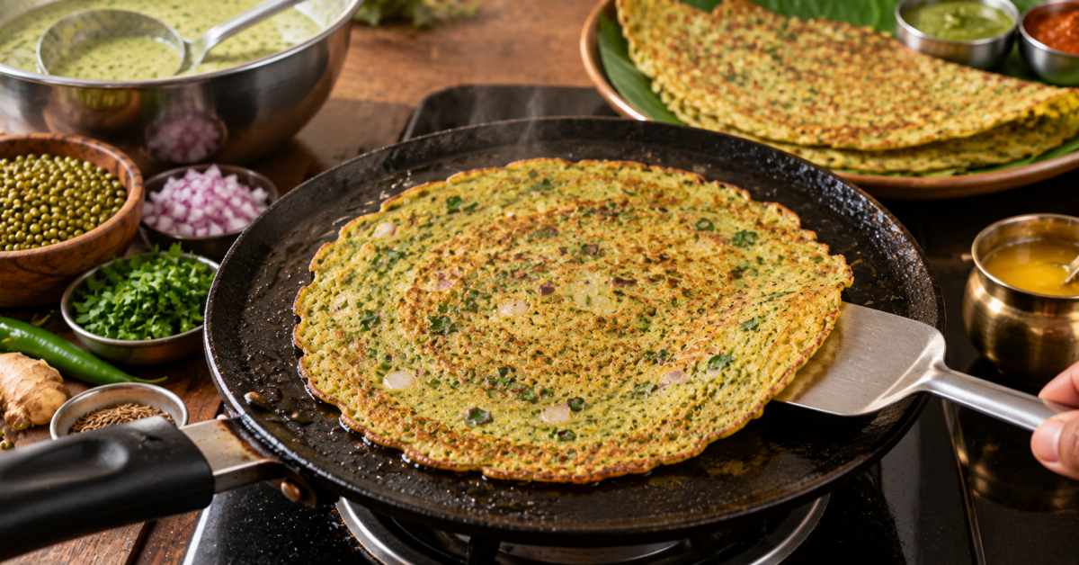 Here is how to cook a crispy Pesarattu on the griddle.