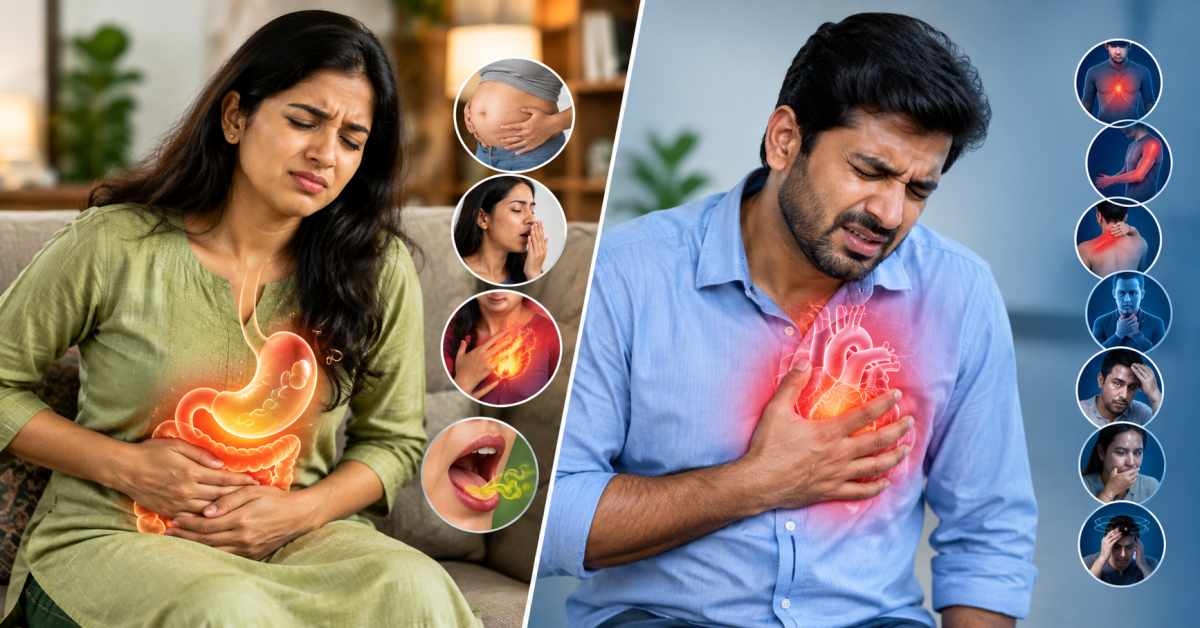 How can the symptoms of gas and heart pain be distinguished 