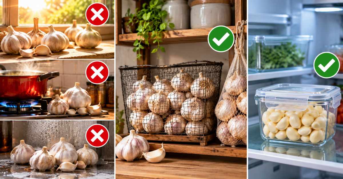 Keep garlic away from heat and moisture.