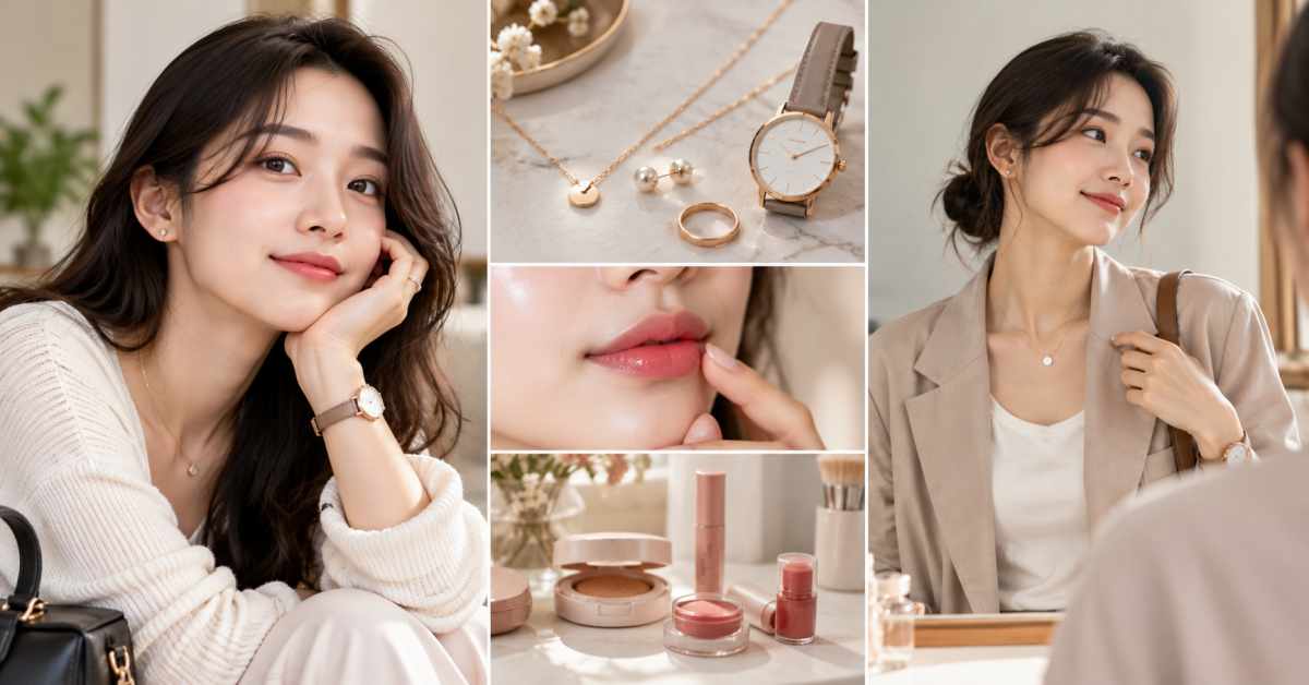 Minimalist accessories and natural makeup