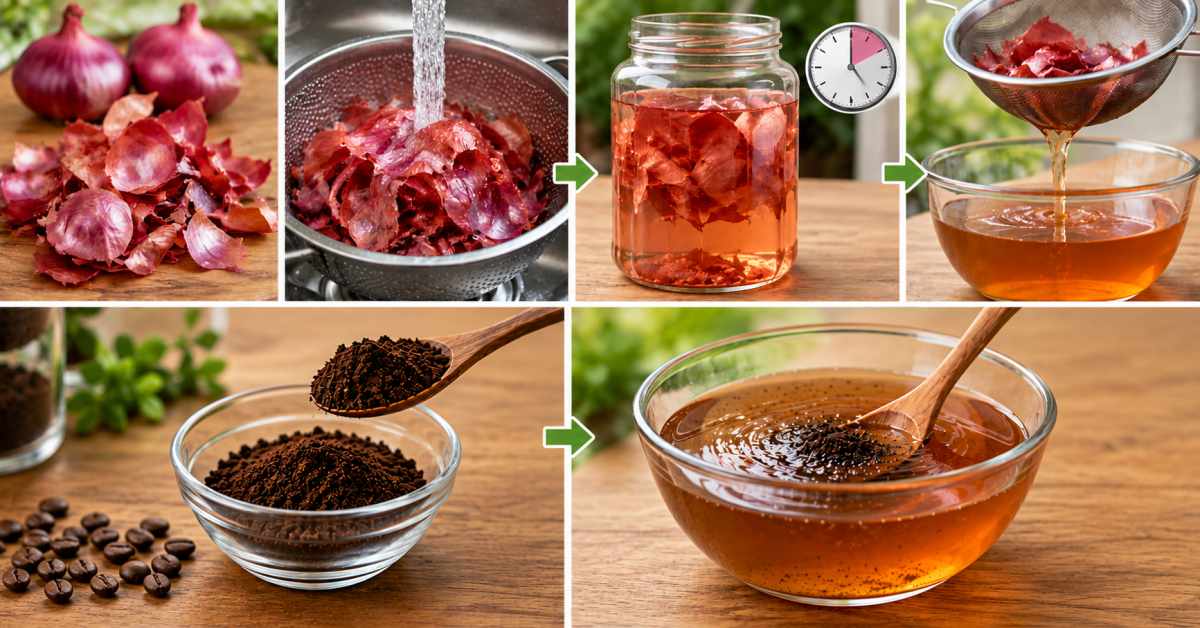 Natural fertilizer using onion skins and coffee powder.