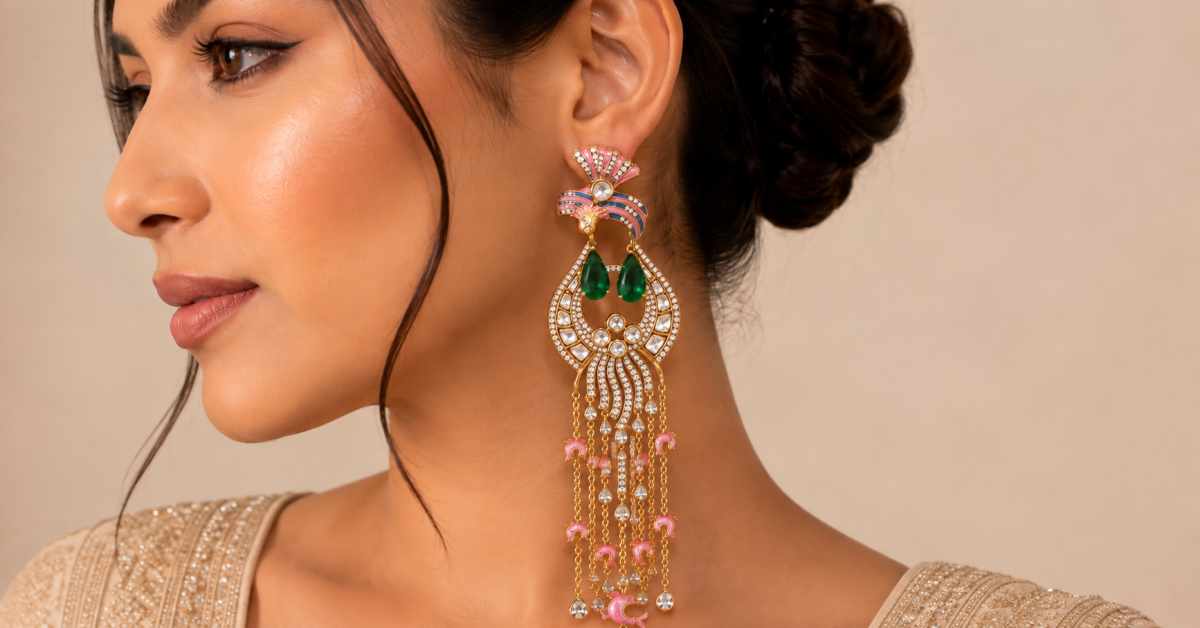 Peacock-design Chandbali with a long chain.