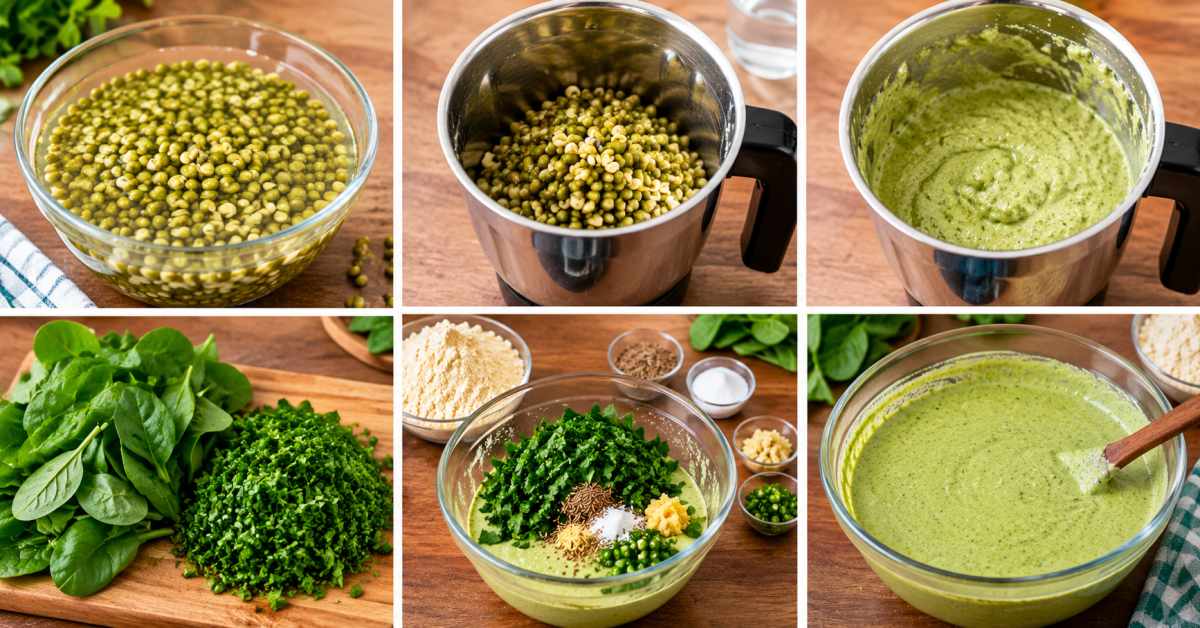 Prepare the batter using moong dal and spinach like this.