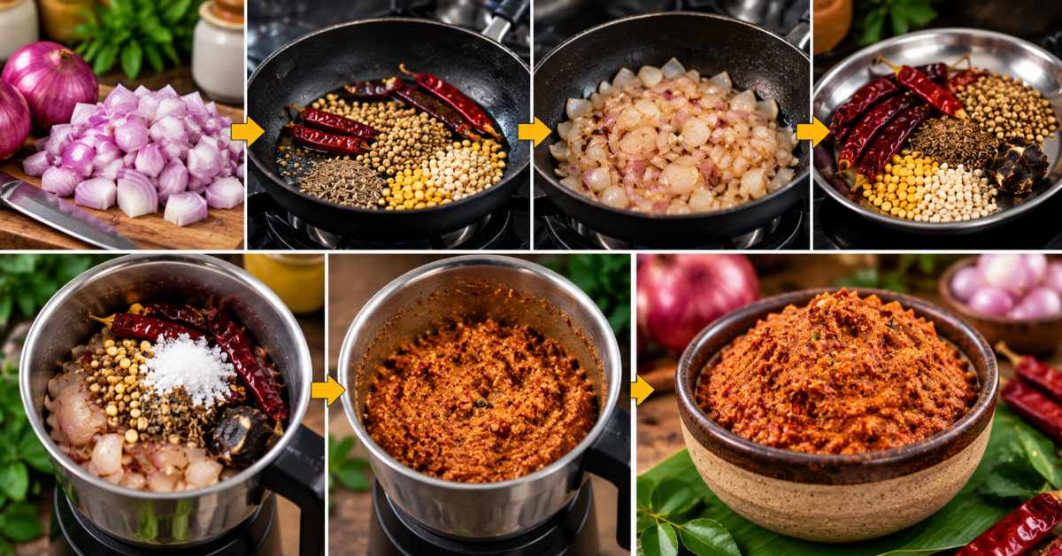 Preparing chutney with onions and spices.