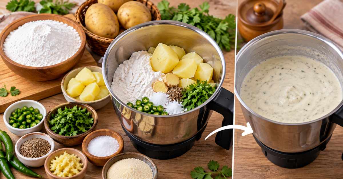 Preparing the batter with rice flour and potato in a mixer.