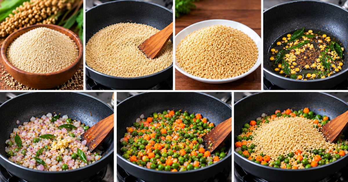 Preparing upma by roasting sorghum rava and adding a tempering.