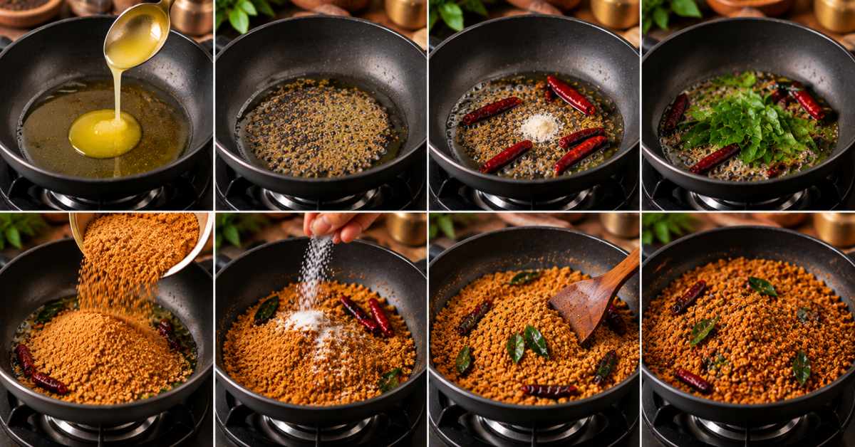 Sauté the urad dal powder with the tempering.