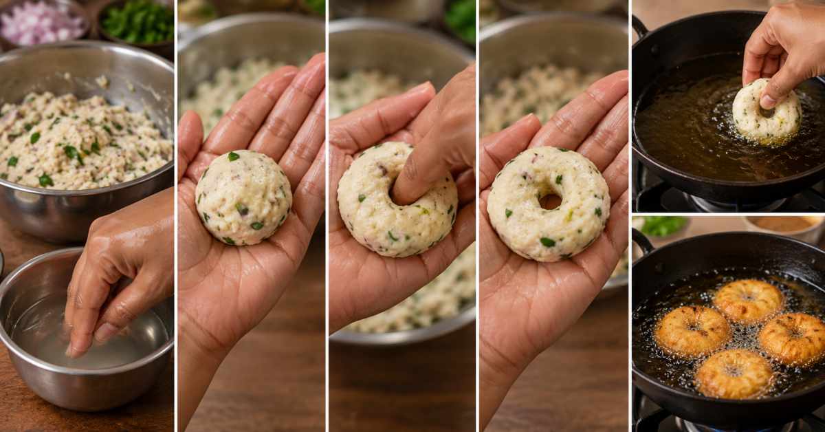 Shape the vadas and drop them into the oil.