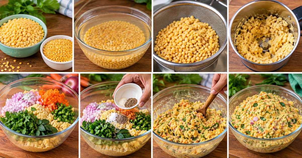 Soak the lentils and prepare the mixture with the vegetables.