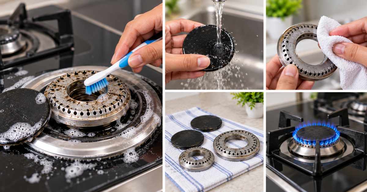 The burner holes and caps should be cleaned carefully.