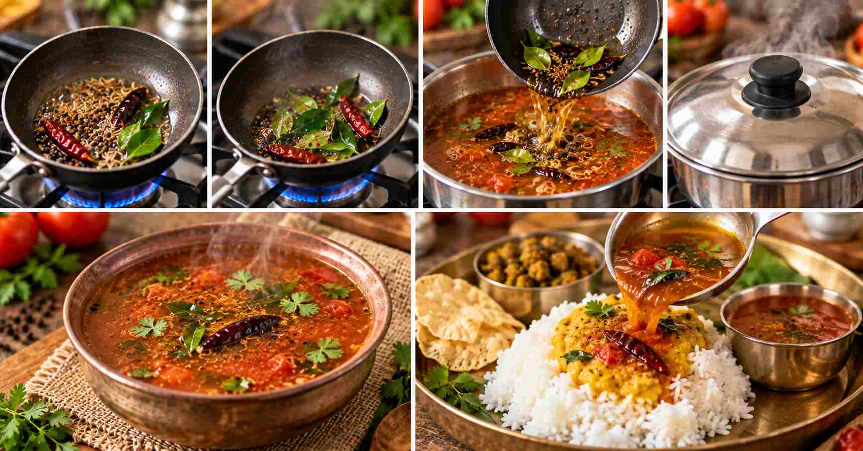 Tomato Charu Tempering & Serving