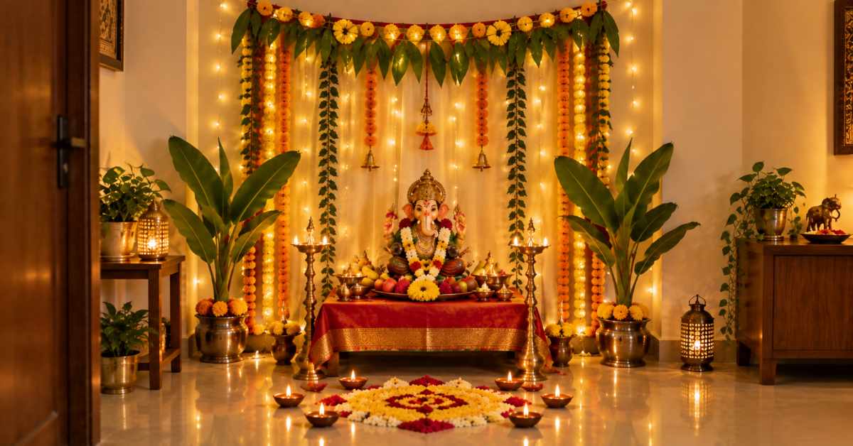 Warm lighting creates a devotional atmosphere for the mandapam.