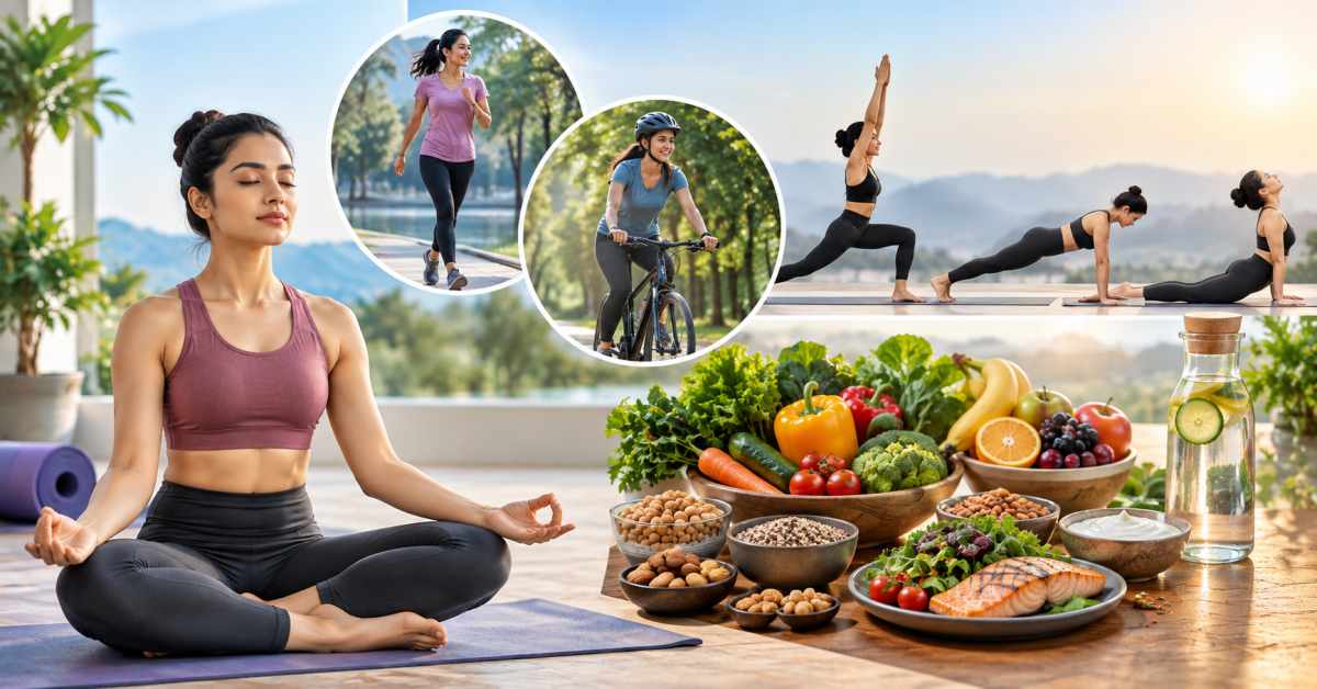 Weight control through yoga, exercise, and a balanced diet.