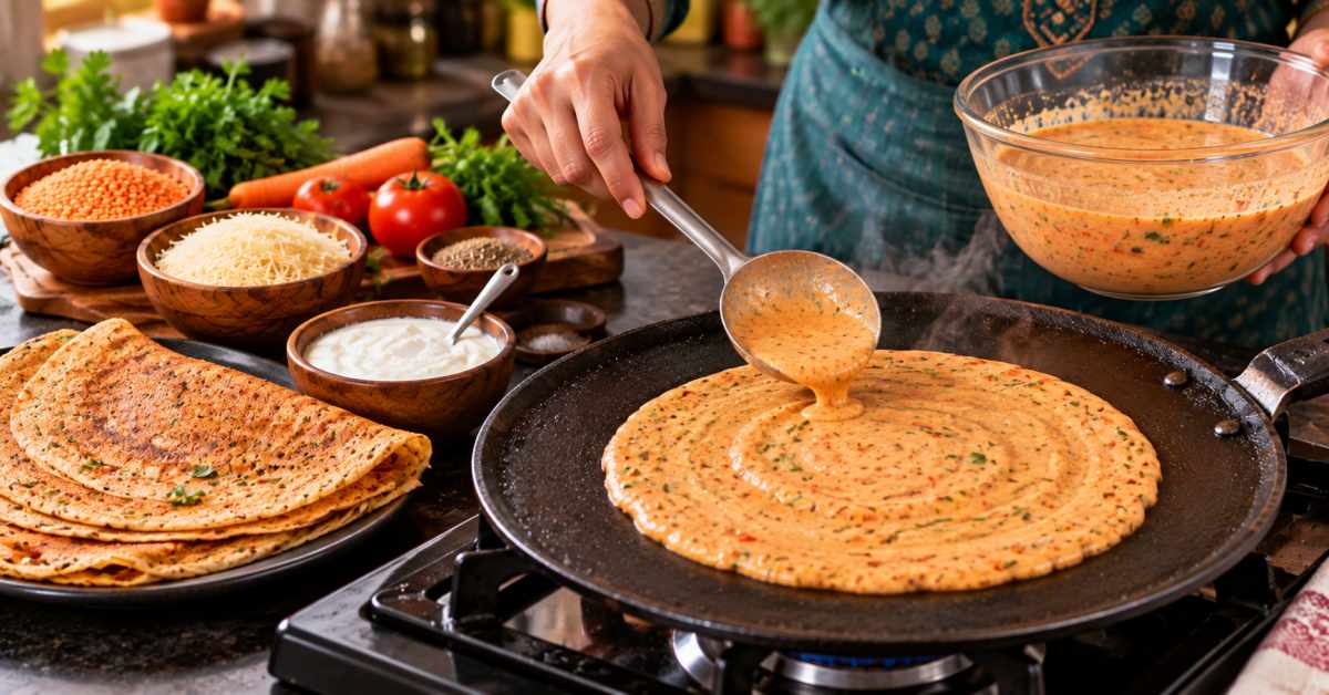 Adding curd for taste and making the dosa.
