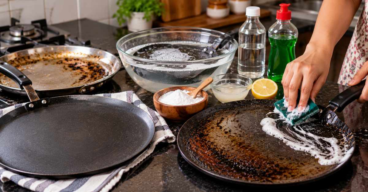 Choose the cleaning method based on the type of pan.