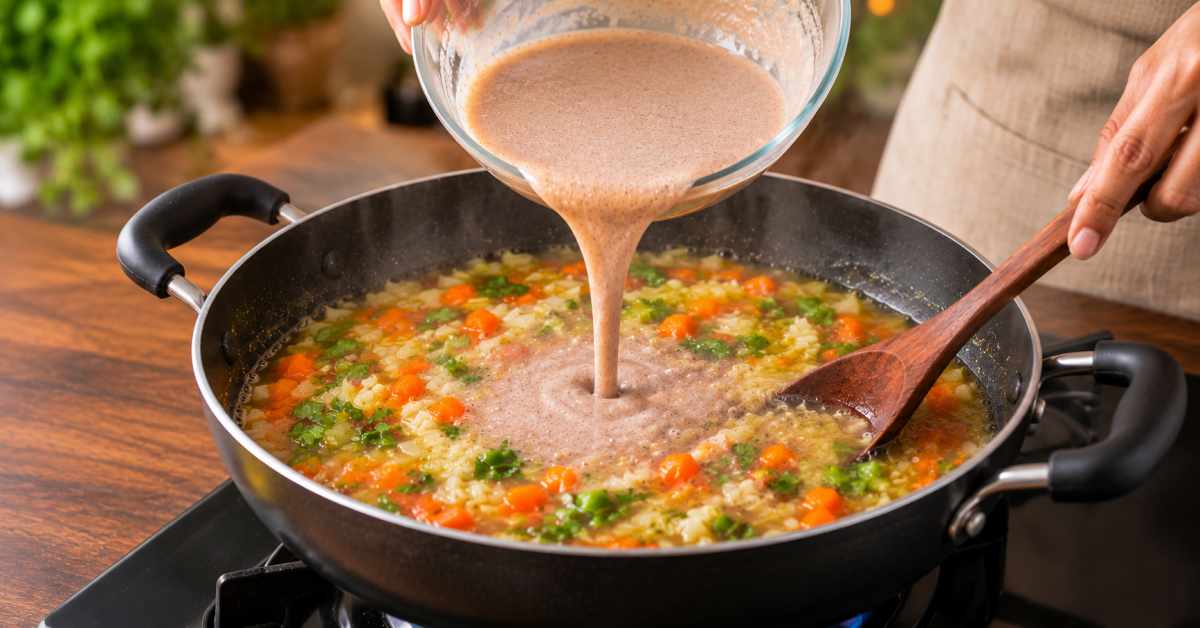 Cook the vegetables and mix in the ragi mixture.