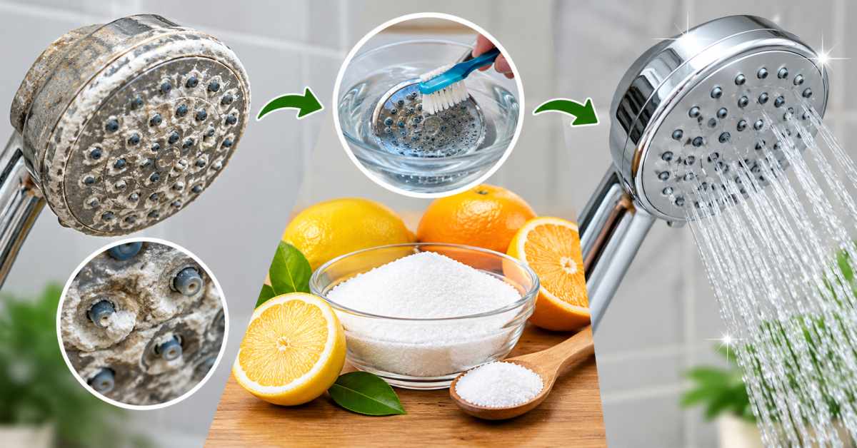 How can citric acid be used to remove mineral deposits from a showerhead